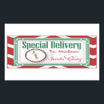 Special Delivery Christmas sticker gift tag<br><div class="desc">Special Delivery from the North Pole Christmas Gift tag Stickers.Festive red and green design with red and white chevron zigzag pattern, Ornate fancy border, a round tag with "Priority post from the North Pole', Space for the kid's name (leave blank if you want to handwrite different names on the stickers)...</div>