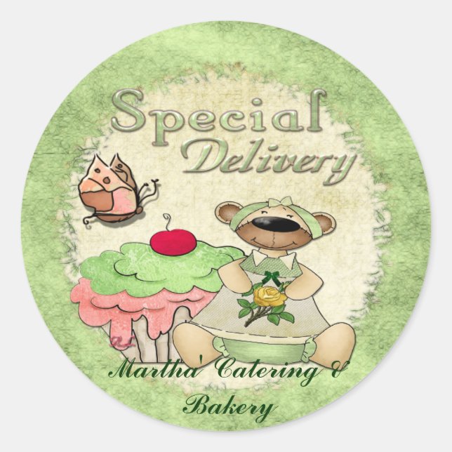 Special Delivery Cupcake Bear BAKERY CATERING Classic Round Sticker (Front)