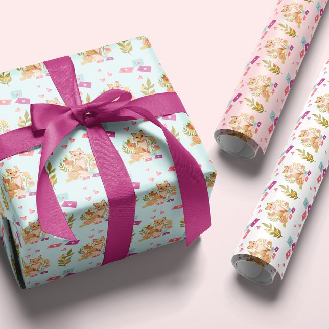 Special Delivery Cute Fox & Floral Valentine's Day Wrapping Paper Sheet (Creator Uploaded)