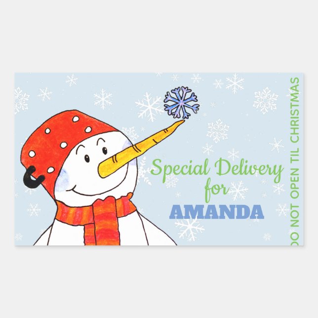 Special Delivery Cute Snowman Christmas Gifts Rectangular Sticker (Front)