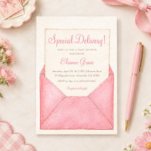 Special Delivery Elegant Pink Envelope Girl Baby Invitation