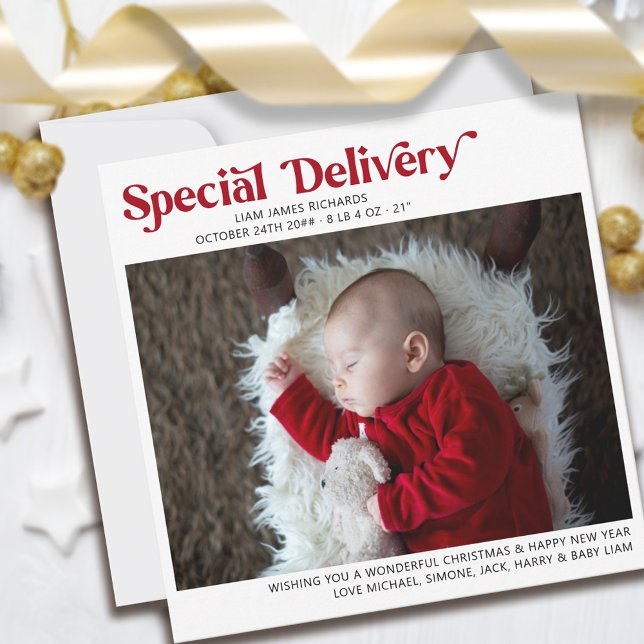 Special Delivery First Christmas Baby Photo Holiday Card (Creator Uploaded)
