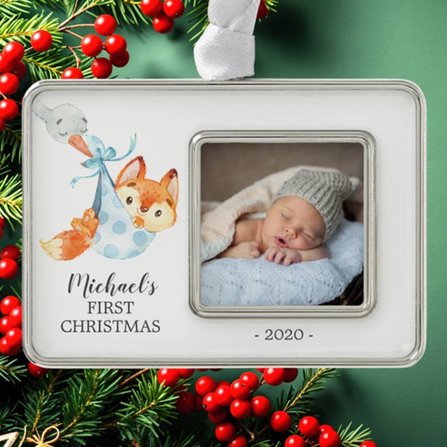 Special Delivery Fox First Christmas Photo Silver Plated Framed Ornament (Creator Uploaded)
