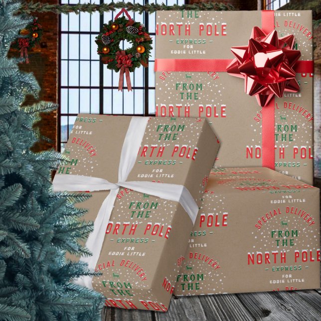 Special Delivery From North Pole Add Name Kraft Wrapping Paper (Special Delivery From North Pole Add Name Kraft Christmas Holiday Gift Wrapping Paper Rolls)
