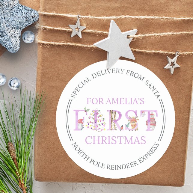 Special Delivery from Santa Cute First Christmas Classic Round Sticker (Baby Girl's first christmas special delivery from Santa on the North Pole Reindeer Express)