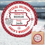 Special Delivery from Santa to Child in Iowa Classic Round Sticker<br><div class="desc">For the kids in IOWA!! Make your Christmas gifts stand out with these fun colourful & personalised sticker labels. The design features a Special Delivery theme from Santa's Workshop at the North Pole; complete with an approval stamp from elf #25. Vibrant maroons along with snowflakes, Santa's sleigh and reindeer highlight...</div>