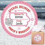Special Delivery from Santa to Child in Iowa Pink Classic Round Sticker<br><div class="desc">For the kids in IOWA!! Make your Christmas gifts stand out with these fun colourful & personalised sticker labels. The design features a Special Delivery theme from Santa's Workshop at the North Pole; complete with an approval stamp from elf #25. Vibrant pinks along with snowflakes, Santa's sleigh and reindeer highlight...</div>