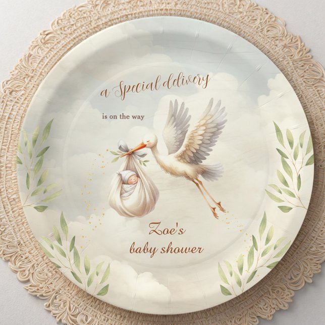 Special Delivery Gender Neutral Stork Baby Shower Paper Plate (Special Delivery Gender Neutral Stork Baby Shower Paper Plates)