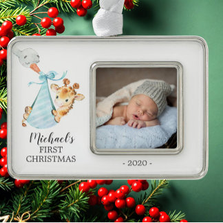 Special Delivery Giraffe First Christmas Photo Silver Plated Framed Ornament