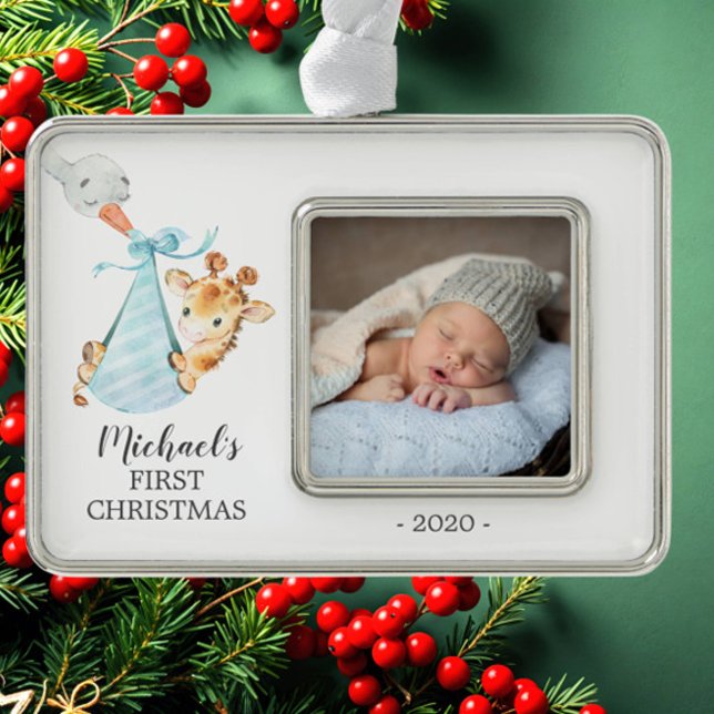 Special Delivery Giraffe First Christmas Photo Silver Plated Framed Ornament (Creator Uploaded)