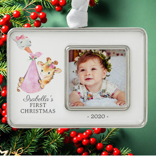 Special Delivery Giraffe First Christmas Photo Silver Plated Framed Ornament