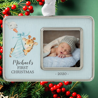 Special Delivery Giraffe First Christmas Photo Silver Plated Framed Ornament