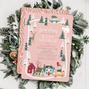 Special Delivery Holiday Town Pink Baby Shower Invitation