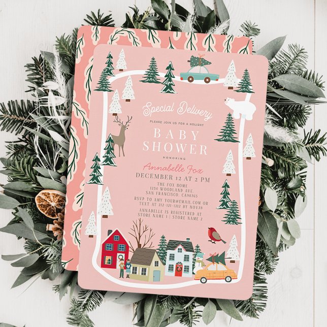 Special Delivery Holiday Town Pink Baby Shower Invitation (Creator Uploaded)