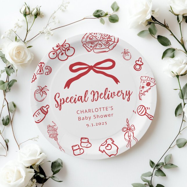 Special Delivery Italian Whimsical Bow Baby Shower Paper Plate (Creator Uploaded)