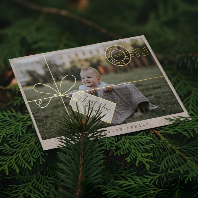Special Delivery Parcel First New Year Baby Photo Foil Holiday Card (Special Delivery Parcel First New Year Baby Photo Foil Holiday Card)