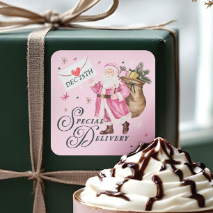 Special Delivery Pink Retro Santa Claus Christmas Square Sticker