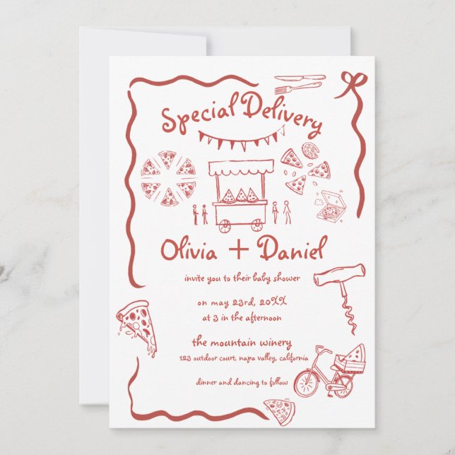 Special Delivery Pizza doodle baby shower girl boy Invitation (Front)