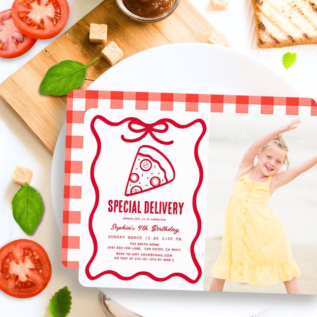 Special Delivery Red Bow Pizza Photo Birthday Invitation (Creator Uploaded)