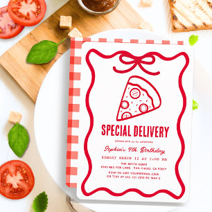 Special Delivery Red Hand-drawn Pizza Birthday Invitation