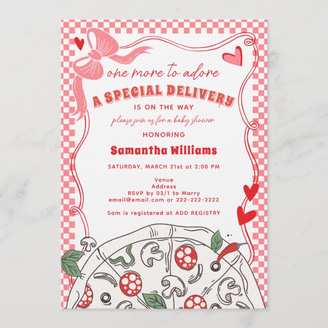Special Delivery Red Pink Girl Pizza Baby Shower Invitation (Front)