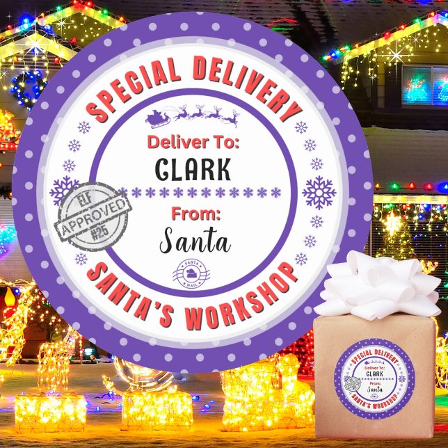 Special Delivery Santa to Child Purple Gift Label (Personalize with a name. Recommend 3", matte, if you choose to write in names. Avail in many colors.)