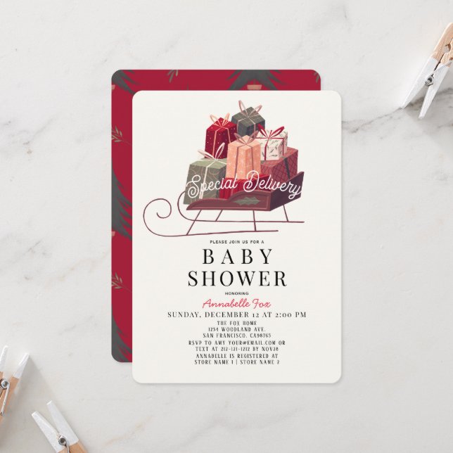 Special Delivery Sleigh Gifts Holiday Baby Shower Invitation (Front/Back In Situ)