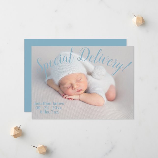 Special Delivery Stats  Script Baby Boy Blue Birth Announcement (Front/Back In Situ)