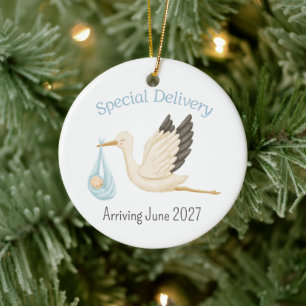 Special Delivery Stork Baby Boy Announcement Ceramic Ornament