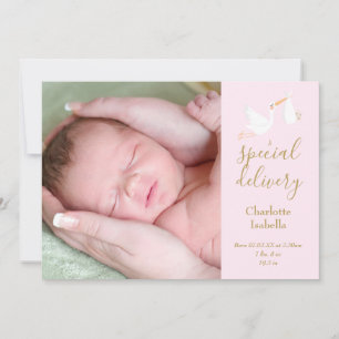 Special Delivery Stork Baby Girl Photo Pink Birth Announcement