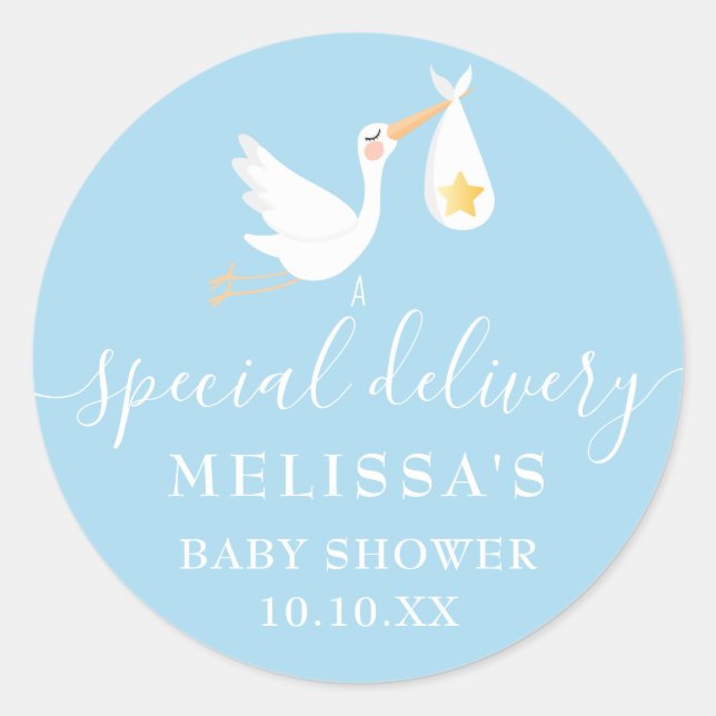 Special Delivery Stork Baby Shower Sprinkle Blue Classic Round Sticker (Front)