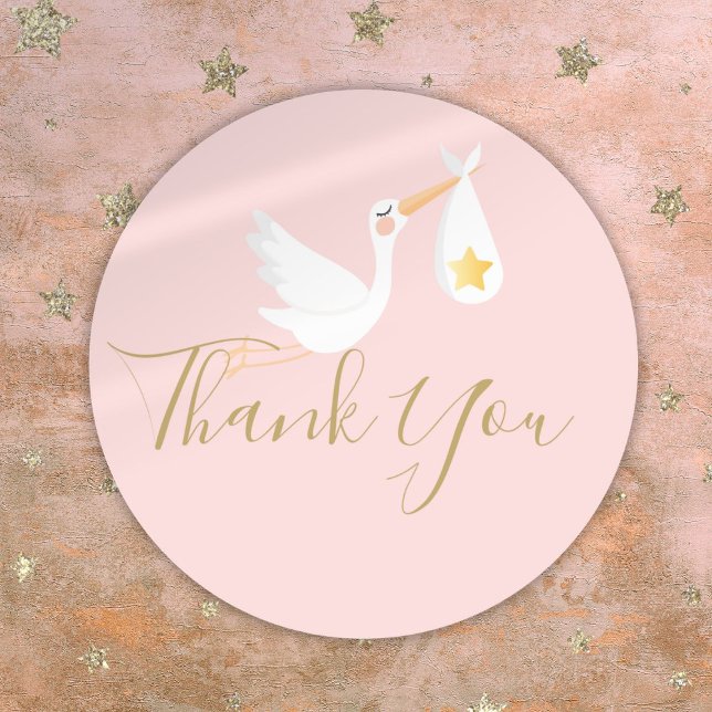 Special Delivery Stork Baby Shower Thank You Pink Classic Round Sticker (Special Delivery Stork Baby Shower Thank You Pink Classic Round Sticker)