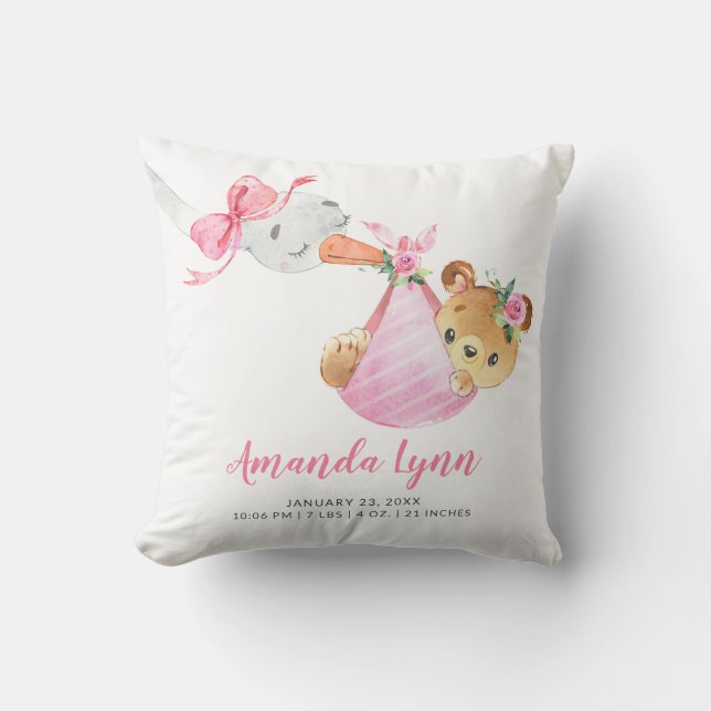 Special Delivery Stork Bear Baby Birth Stats Cushion (Front)