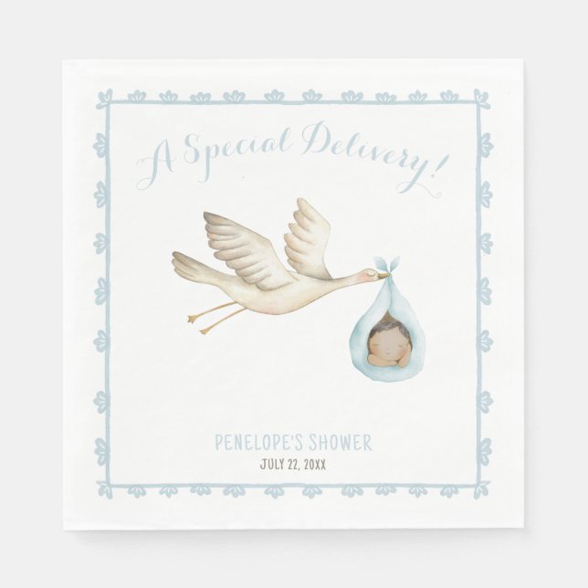 Special Delivery Stork Blue Baby Boy Baby Shower Napkin (Front)