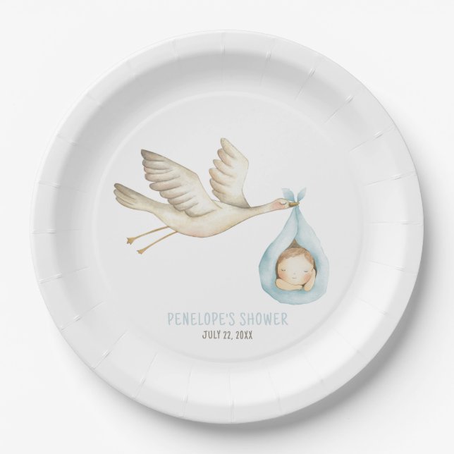 Special Delivery Stork Blue Baby Boy Baby Shower Paper Plate (Front)