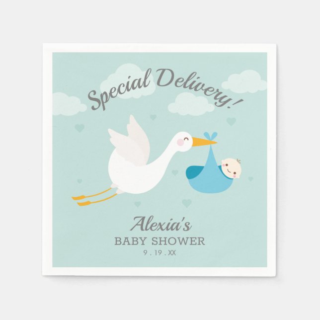 Special Delivery Stork Boy Baby Shower Napkins (Front)