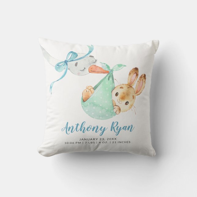 Special Delivery Stork Bunny Baby Birth Stats Cushion (Front)