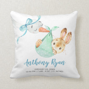 Special Delivery Stork Bunny Baby Birth Stats Cushion