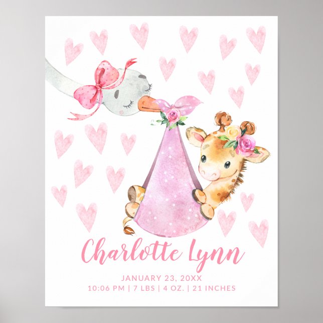 Special Delivery Stork Giraffe Baby Birth Stats Poster (Front)