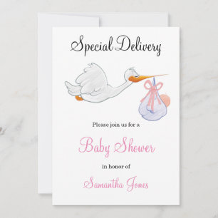SPECIAL DELIVERY STORK GIRL BABY SHOWER INVITATION
