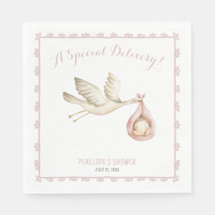 Special Delivery Stork Pink Baby Girl Baby Shower Napkin