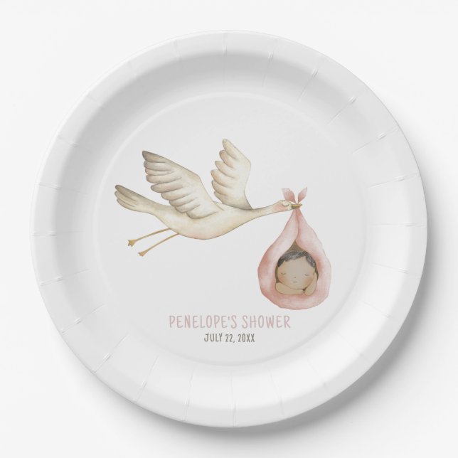 Special Delivery Stork Pink Baby Girl Baby Shower Paper Plate (Front)
