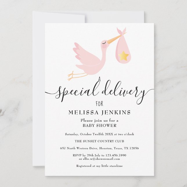 Special Delivery Stork Pink Baby Shower Sprinkle Invitation (Front)