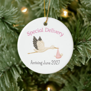 Special Delivery Stork with Baby Girl Ceramic Ornament