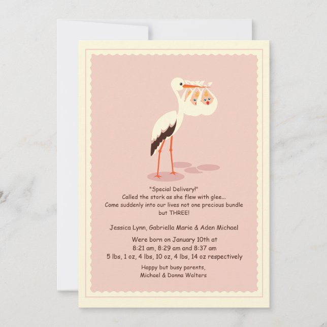 Special Delivery Triplets Birth Announcement (Front)