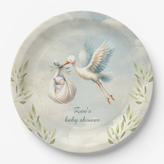 Special Delivery Vintage Stork Boy Baby Shower Paper Plate (Front)
