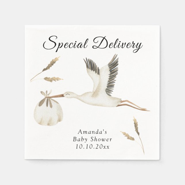 Special Delivery Watercolor Stork Baby Shower Napkin (Front)