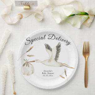 Special Delivery Watercolor Stork Baby Shower Paper Plate