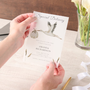 Special Delivery Watercolor Stork Baby Shower Vellum Invitations