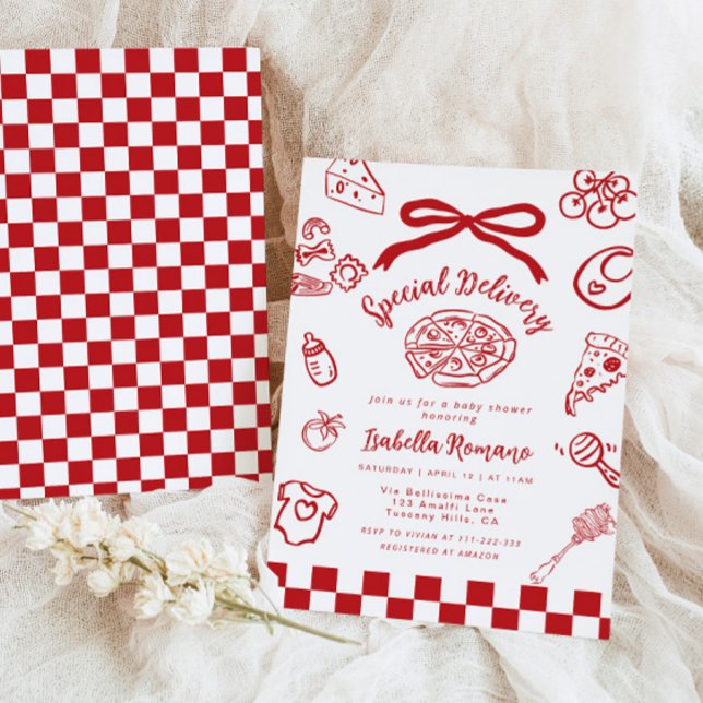 Special Delivery Whimsical Bow Pizza Baby Shower Invitation (Creator Uploaded)